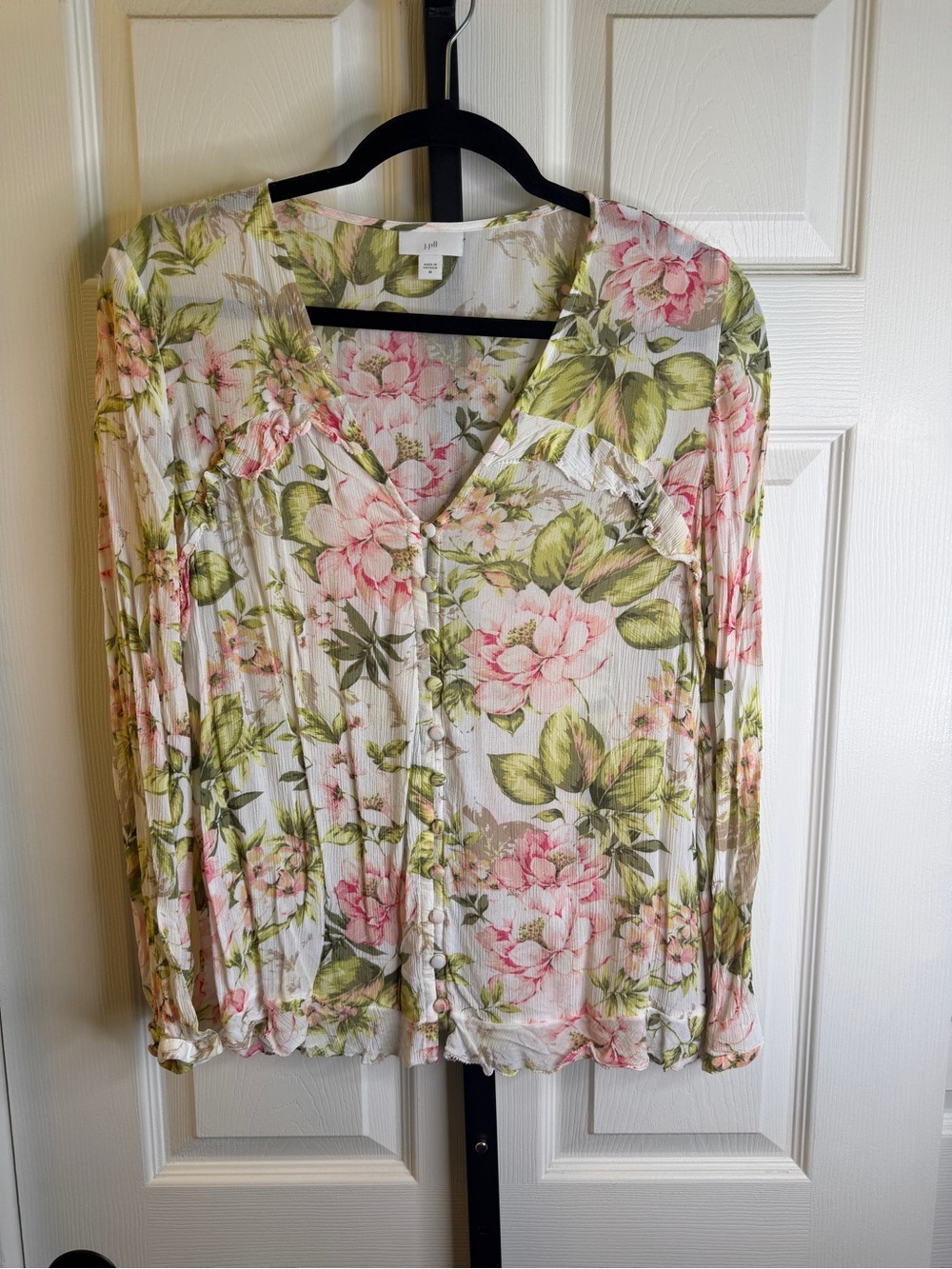 J. Jill White Floral V-Neck Blouse with Pink & Green Print, size Medium